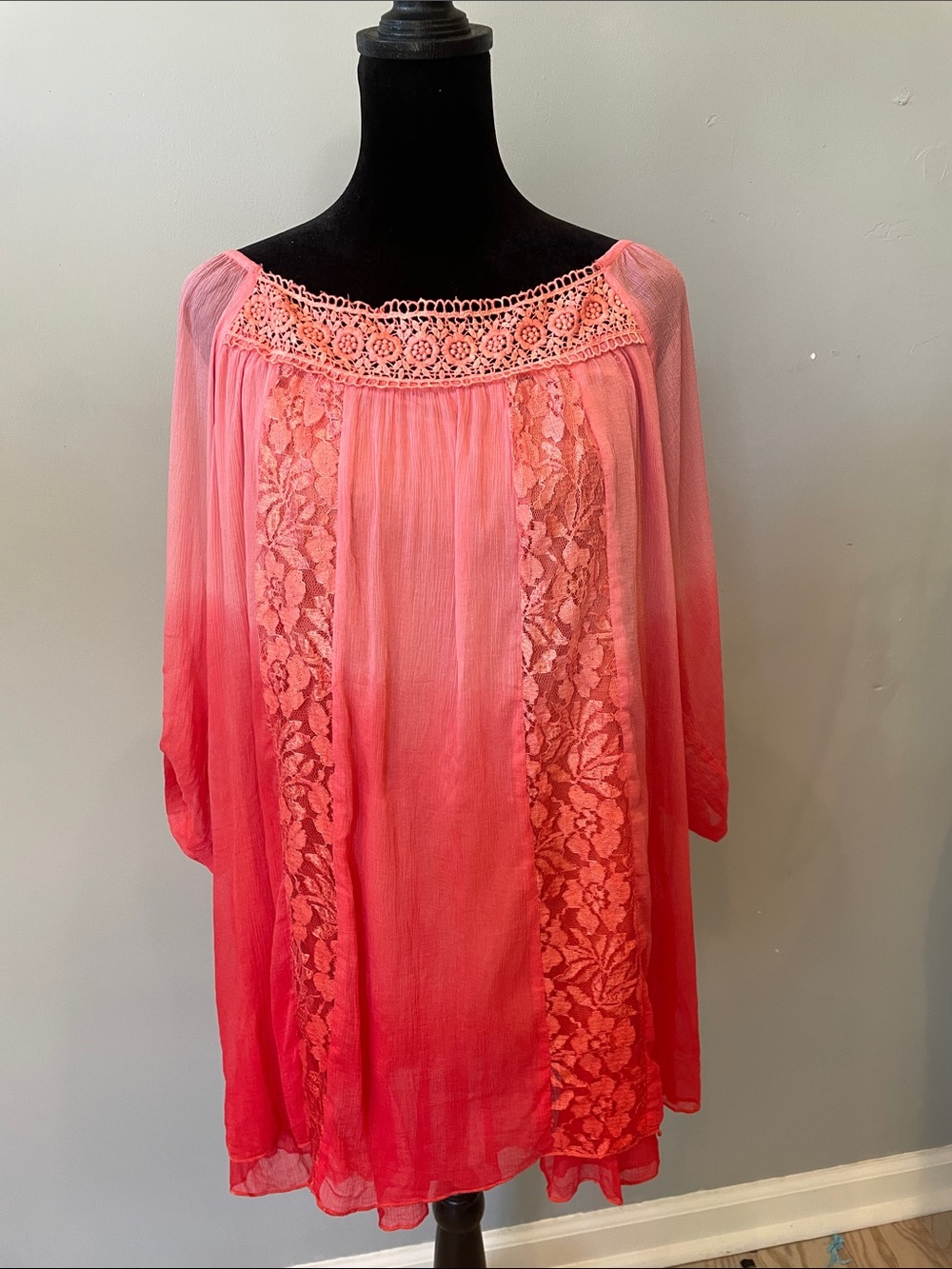 Women’s Pink Ombre Lace Boho Peasant Top large summer style